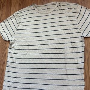 Alex Crane European Linen T-Shirt Men's XL Beige Short Sleeve Blue Striped Boho